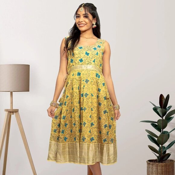 Buy Elegant Gold Silk Knee Length Dress | Muvvas Boutique - Picture 2 of 5